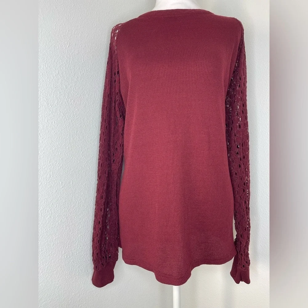 Burgundy Knit Sweater Tunic Lace Long Sleeves Back Zipper Closure Casual XXL
